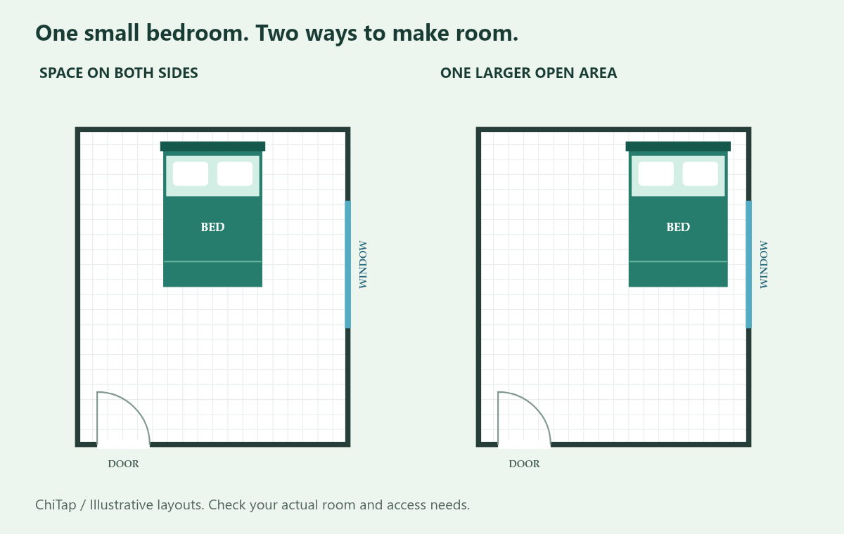 Centered and offset bed positions in an example small bedroom